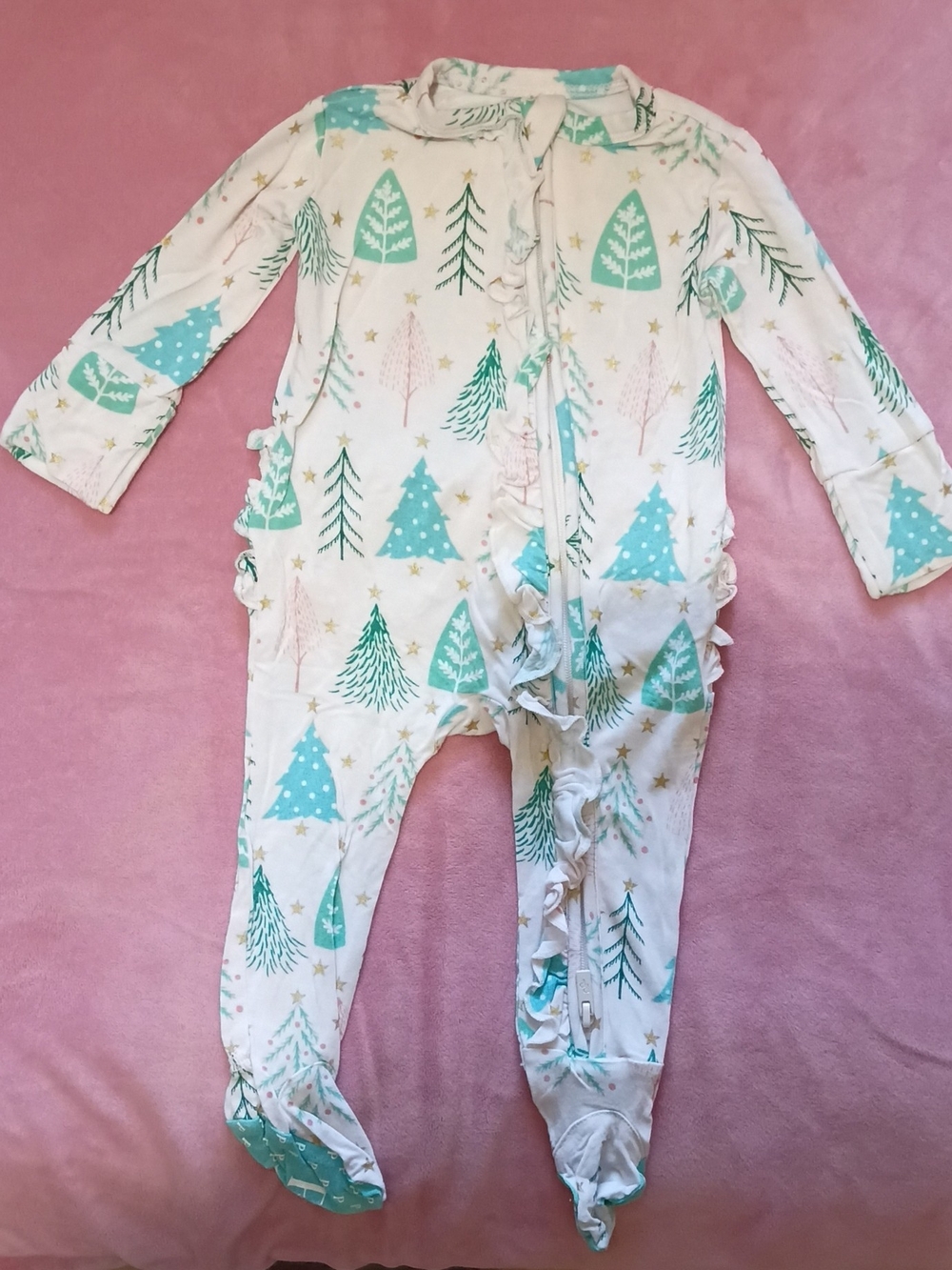 Posh Peanut Christmas One-Piece Footed Sleeper with Blue/Green/Pink Tree Print